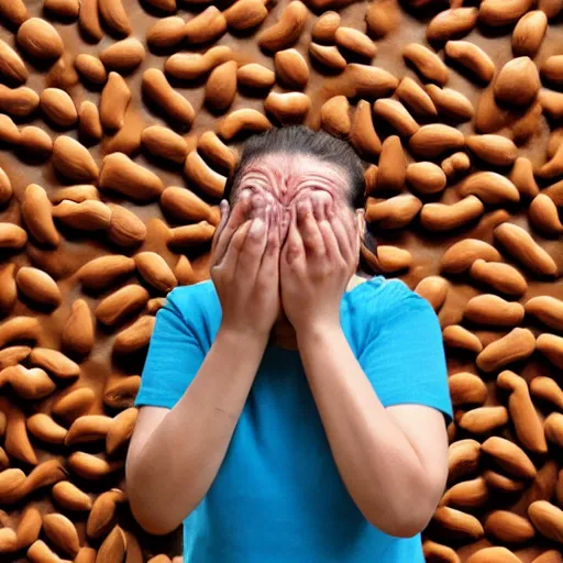 Prompt: photo of person crying in a peanut butter factory