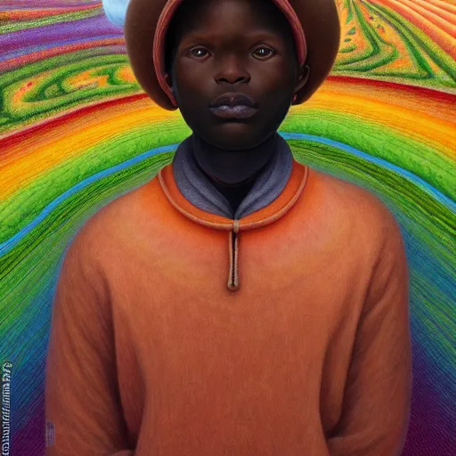 Image similar to a black boy dressed like an explorer in a field of candy, by Adi granov and afarin sajedi and amanda sage and evgeni gordiets and Agostino Arrivabene and adonna khare in a psychedelic portrait style, ultrarealistic matte painting, volumetric lighting, fractal, extremely symmetrical, highly detailed face, orisha, 8k, hd