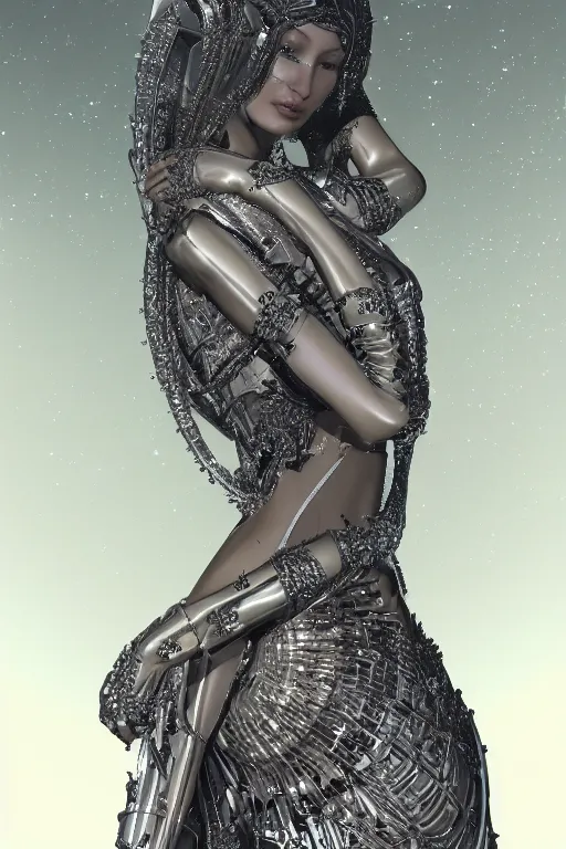 Image similar to a highly detailed portrait of a beautiful ancient alien techno woman goddess bella hadid in iris van herpen dress in diamonds and fractals in style of alphonse mucha art nuvo dmt trending on artstation made in unreal engine 4