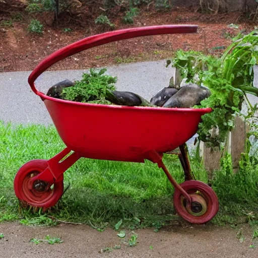 Image similar to so much depends upon a red wheel barrow glazed with rain water beside the white chickens