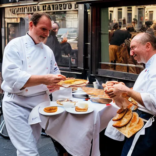 Image similar to Portrait of dutch chefs impressing impressing french people with pancakes in a street in Paris, by Steve McCurry and David Lazar, natural light, detailed face, CANON Eos C300, ƒ1.8, 35mm, 8K, medium-format print