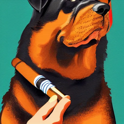 Image similar to rottweiler smoking a cigar, stylized, digital painting