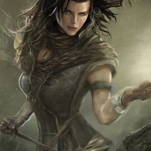 Prompt: kate beckinsale as dnd thief sneaking forward through gauntlet full of death traps, stone floor, very tall ceil, old wet dungeon, fantasy digital art, 4k