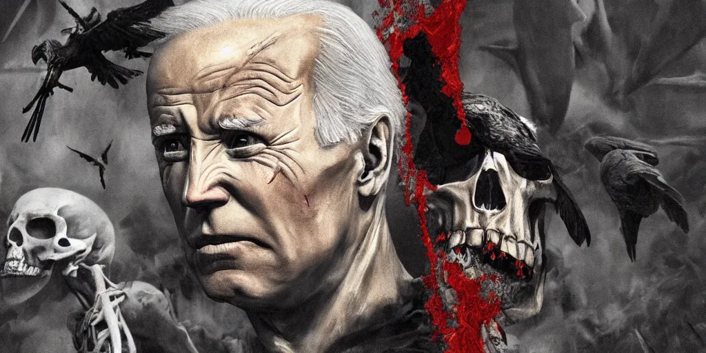 Image similar to biden in dante's inferno painting, crows, skeletons, crosses, dark beauty, rotten gold, perfect faces, extremely detailed, cinema 4 d, unreal engine.