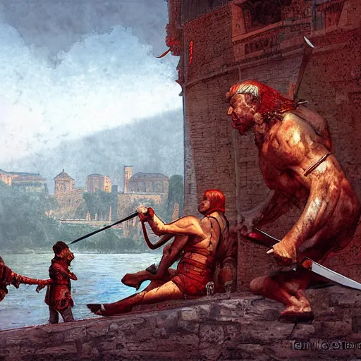 Image similar to Romulus killing Remus with a dagger at the edge of the Tiber River by Marc Simonetti