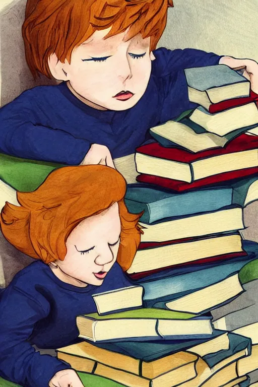 Image similar to a little boy with ginger hair sits cross legged on top of a tall pile of books. he is reading. clean elegant pretty cartoon painting, beautiful detailed face, storybook illustration.