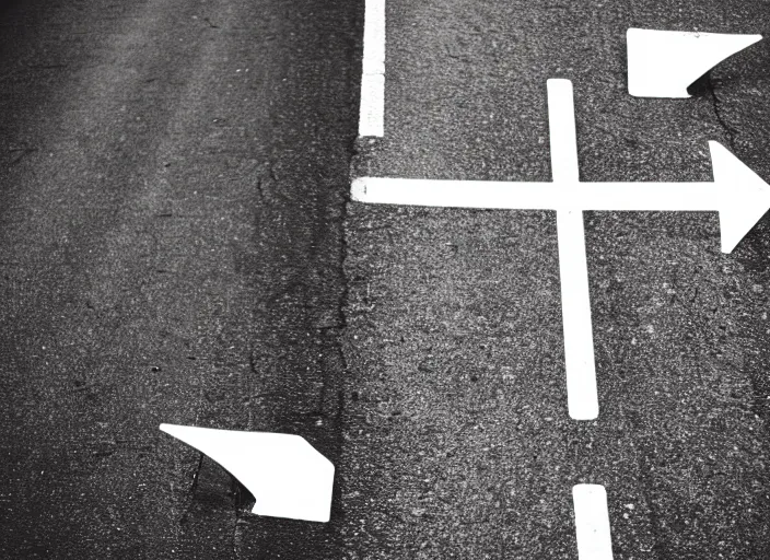 Prompt: photo still of two street signs on a country road shaped like arrows pointing left and right with the words left on one and right on the other, 8 k 8 5 mm f 5. 6