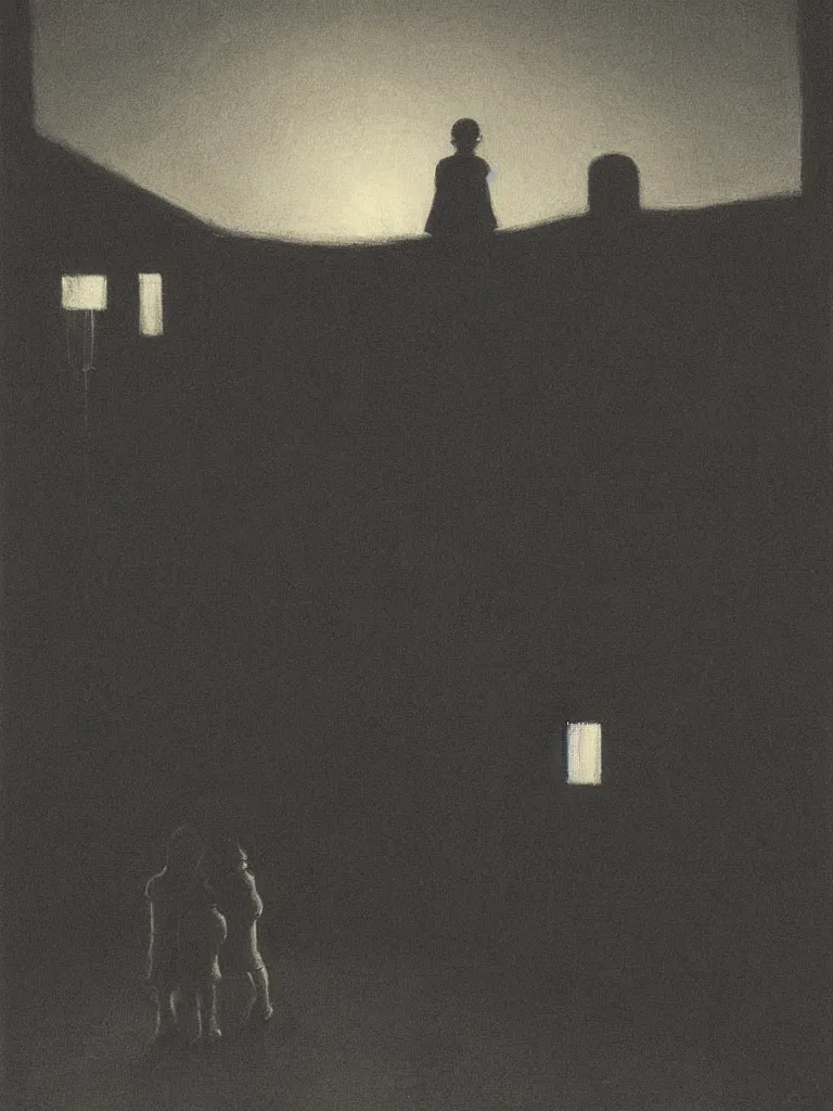 Image similar to two kids posing for a picture at night, dark, backlighting, small village, town square, artwork by edward hopper, james gilleard, zdzislaw beksinski, noir, atmospheric