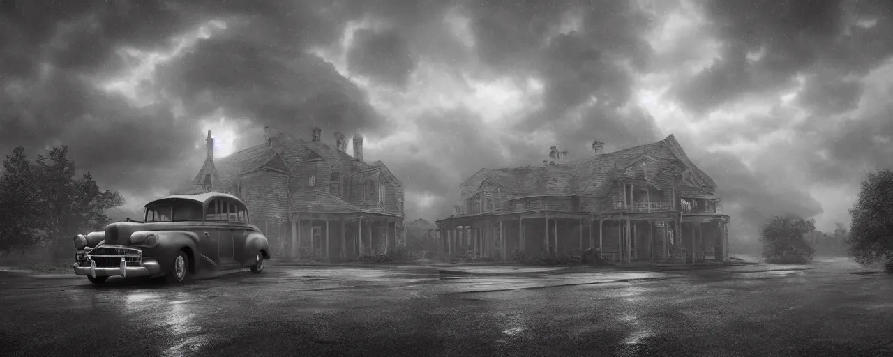 Prompt: Lovecraft Country, ultra detailed haunted house, ultra detailed storm clouds, dense rain, establishing atmospheric shot, octane renderer, unreal engine, F11 aperture, night, volumetric fog, detailed lighting and thunder, stormy weather, ultra detailed rain drops, reflections, film grain, single ultra detailed grey 1948 Packard Station Sedan parked in the street,