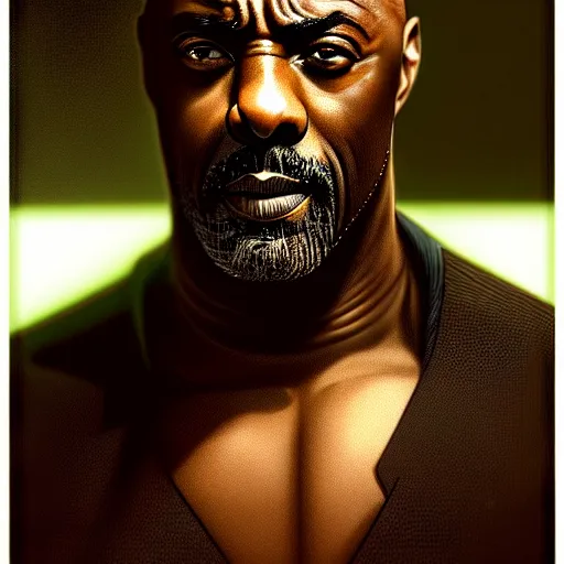 Image similar to wideangle!! portrait shot of idris elba in cyberpunk 2 0 7 7, intricate, elegant, highly detailed, centered, digital painting, artstation, concept art, smooth, sharp focus, illustration, artgerm, tomasz alen kopera, peter mohrbacher, donato giancola, joseph christian leyendecker, wlop, boris vallejo