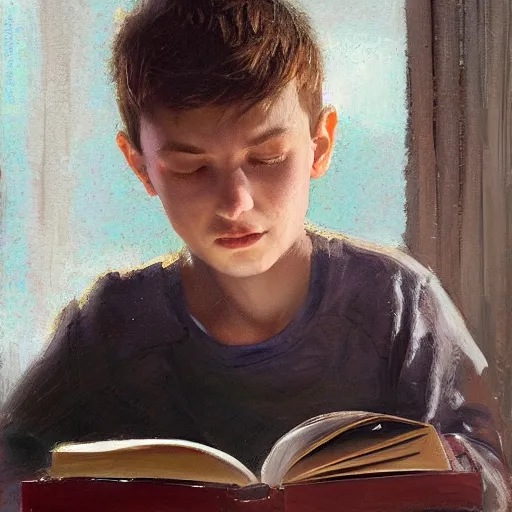 Prompt: dedicated face of a boy studying, reading, focused and in flow in the morning light. oil painting by nuri iyem, james gurney, james jean, greg rutkowski, highly detailed, soft lighting, chiaroscuro