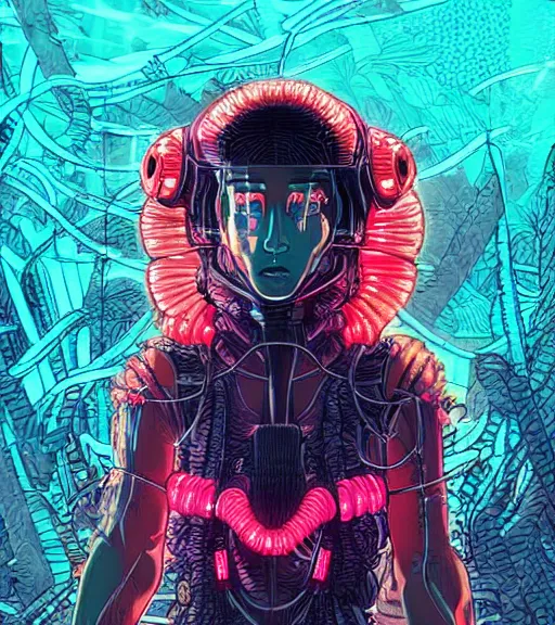 Image similar to a cyberpunk diver Polynesian woman swims through a dark bioluminescent alien coral reef, techwear, Industrial Scifi, detailed illustration, character portrait, by Martin Grip and Moebius