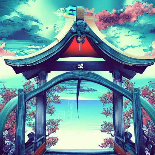 Prompt: infinite majestic shinto shrine portal dark gate magic door pyromancer mage : : 1 full of colorpalette rippled layers, clouds, vines, swirls, curves, ultra fine detail, swirling clouds, artstation trending, art nouveau, raytracing,