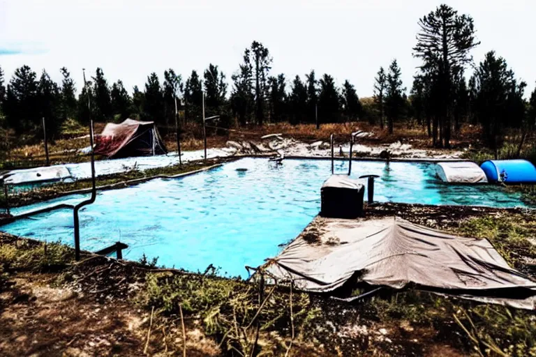 Image similar to post apocalyptic empty over grown swimming pool being used as shelter, barrel fires and tents