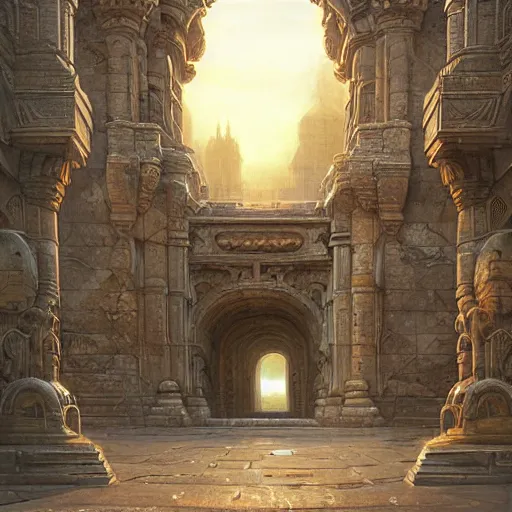 Prompt: carved futuristic gateway at the end of ancient ornate steps with a large wide window to a city which details the vast architectural scientific and cultural achievements of ancient humankind, complex composition, molecules and machines, renato muccillo, andreas rocha, jorge jacinto, damian kryzwonos, ede laszlo, artstation, digital art, cinematic blue and gold