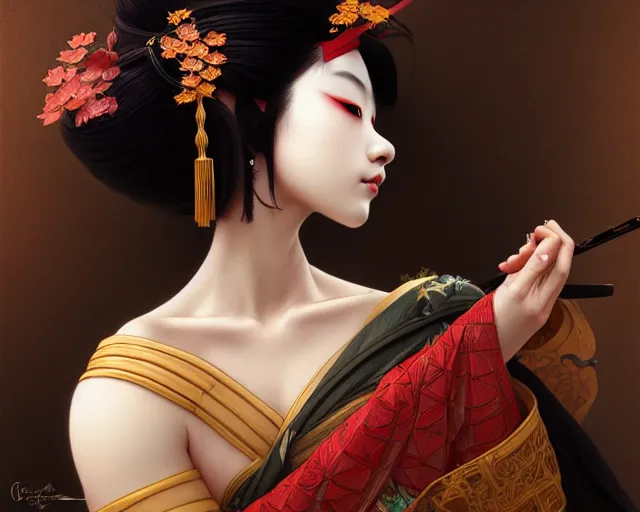 Prompt: photography of a sensual japanese geisha, deep focus, d & d, fantasy, intricate, elegant, highly detailed, digital painting, artstation, concept art, matte, sharp focus, illustration, hearthstone, art by artgerm and greg rutkowski and alphonse mucha