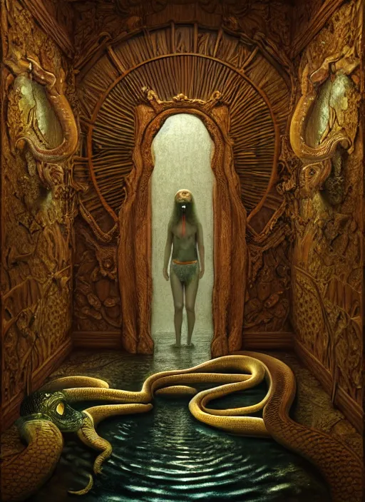 Prompt: hyperreal ultra detailed hypnagogic recollections from the waters of the unconscious. a 3 d psychopomp watching on. a child's face in the mirror, a doorway threshold, a snake, sharp focus, a digital egregore, global illumination, ornate, art by shaun tan, fenghua zhong and daniel merriam and dan mumford octane render