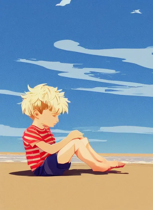 Image similar to a little boy with tousled blonde hair and blue eyes sitting on the beach. clean cel shaded vector art. shutterstock. behance hd by lois van baarle, artgerm, helen huang, by makoto shinkai and ilya kuvshinov, rossdraws, illustration, art by ilya kuvshinov