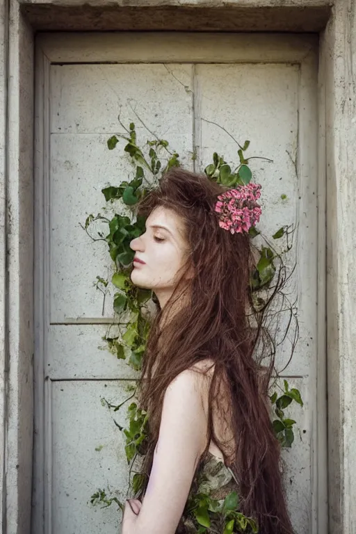Prompt: a beautiful portrait photography of a female by monia merlo, fashion, romanticism, flowers, modern. model, trees, door.