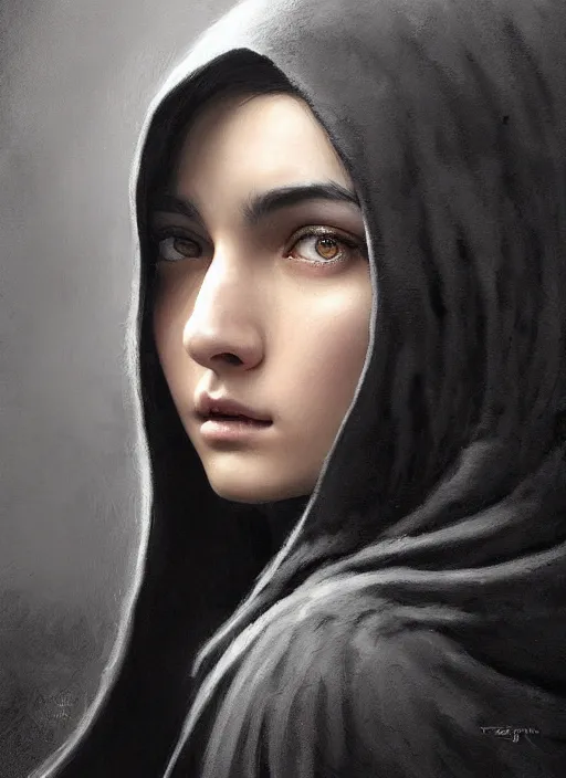 Image similar to a teenage girl with very short black hair and a huge cloak made of grey and black feathers. beautiful highly detailed face. beautiful painting by artgerm and greg rutkowski and raymond swanland, detailed portrait, closeup