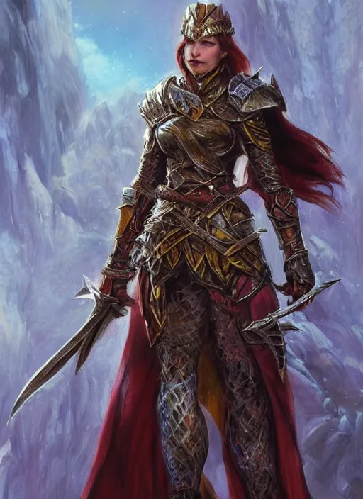 Image similar to female knight, ultra detailed fantasy, dndbeyond, bright, colourful, realistic, dnd character portrait, full body, pathfinder, pinterest, art by ralph horsley, dnd, rpg, lotr game design fanart by concept art, behance hd, artstation, deviantart, hdr render in unreal engine 5