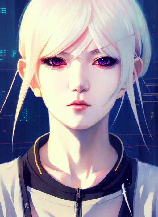 Image similar to portrait Anime girl cyberpunk, cute-fine-face, white-hair pretty face, realistic shaded Perfect face, fine details. Anime, cyberpunk. realistic shaded lighting by Ilya Kuvshinov and Gustav Klimt