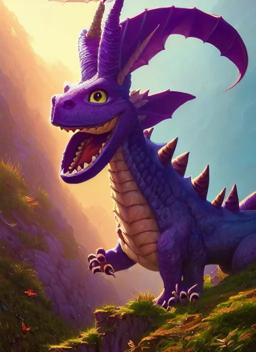 Image similar to Highly detailed portrait of Spyro the dragon, Stephen Bliss, unreal engine, fantasy art by Greg Rutkowski, Loish, Rhads, ferdinand knab, Makoto Shinkai and Lois van baarle, ilya kuvshinov, rossdraws, Tom Bagshaw, alphonse mucha, global illumination, radiant light, detailed and intricate environment