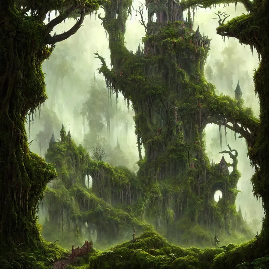 Image similar to fairy palace, castle towers, gnarly trees, lush vegetation, forest landscape, painted by tom bagshaw, raphael lacoste, eddie mendoza, alex ross concept art matte painting