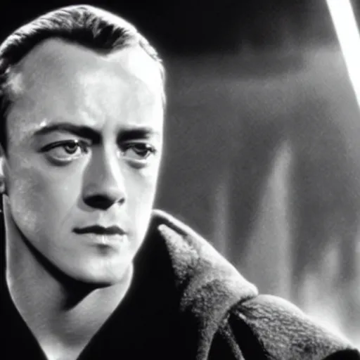 Image similar to film still of young alec guiness as a jedi in new star wars movie, dramatic lighting, highley detailled face, kodak film