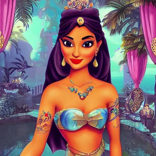 Image similar to princess jasmine as an instagram influencer, tattoos, photorealism, high detail,