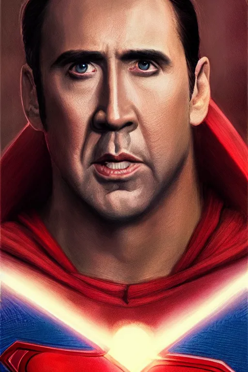 Image similar to Portrait of Nicolas Cage as superman cinematic lighting, intricate, elegant, highly detailed, digital painting, artstation, painted by Artgerm and Mark Waid and Greg Rutkowski and Mandy Jurgens