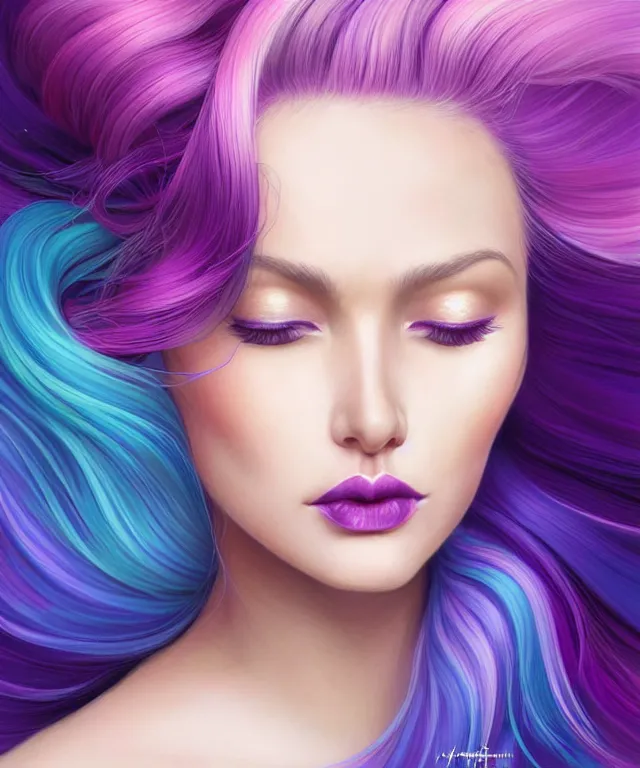 Image similar to Portrait of a woman with bright colored flying hair, all shades of purple. Hair coloring, beautiful lips and makeup. Hair fluttering in the wind, amber eyes, face, long hair, fantasy, intricate, elegant, highly detailed, digital painting, artstation, concept art, smooth, sharp focus, illustration, art by artgerm and greg rutkowski and alphonse mucha