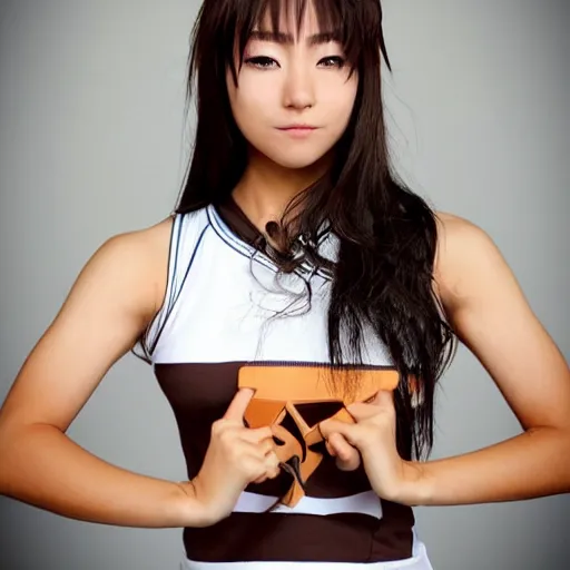 Prompt: “an action photoshoot of akane owari, akane owari danganronpa, a toned Japanese young woman with dark tanned skin and wild wavy brown hair in a bob, hazel eyes, athletic fashion photography, sparring, dynamic pose, young and beautiful, white tank top, magazine cover, Japanese facial features, full of energy”