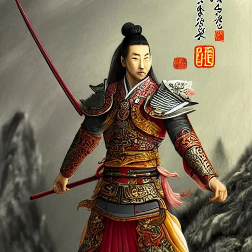 Image similar to dynamic composition, motion, ultra-detailed, incredibly detailed, a lot of details, amazing fine details and brush strokes, colorful and grayish palette, smooth, HD semirealistic anime CG concept art digital painting, watercolor oil painting of a Tang Ming dynasty chinese tao fantasy general wearing armor, from Three Kingdoms, by a Chinese artist at ArtStation, by Huang Guangjian, Fenghua Zhong, Ruan Jia, Xin Jin and Wei Chang. Realistic artwork of a Chinese videogame, gradients, gentle an harmonic grayish colors.