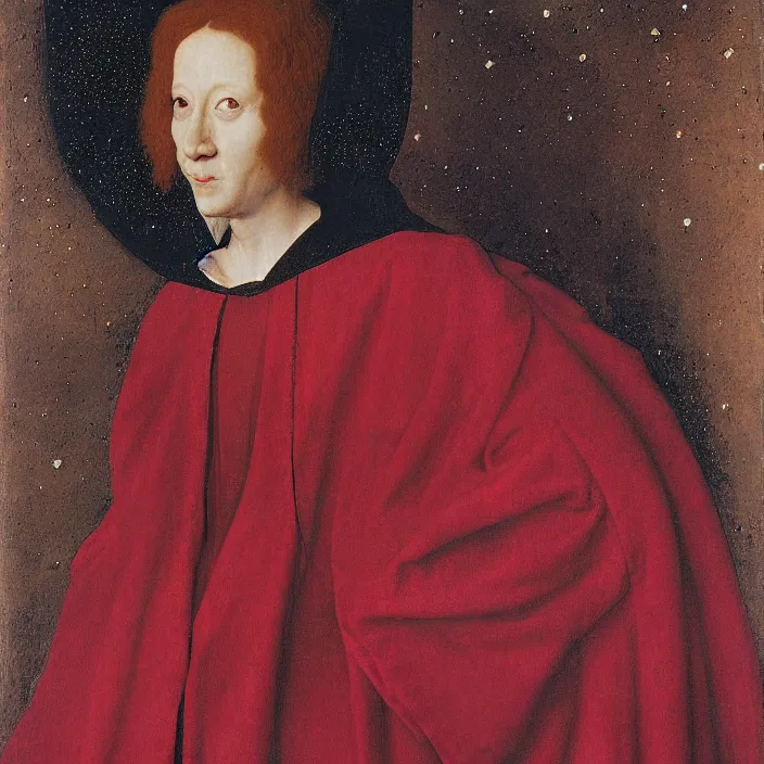 Prompt: a woman in a red hooded cloak in a nebula, by Jan van Eyck
