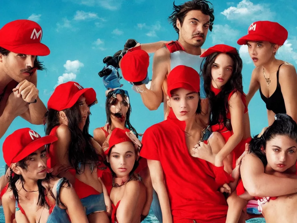 Prompt: Mario in a red hat in the style of Harmony Korine Spring Breakers film aesthetic!!!