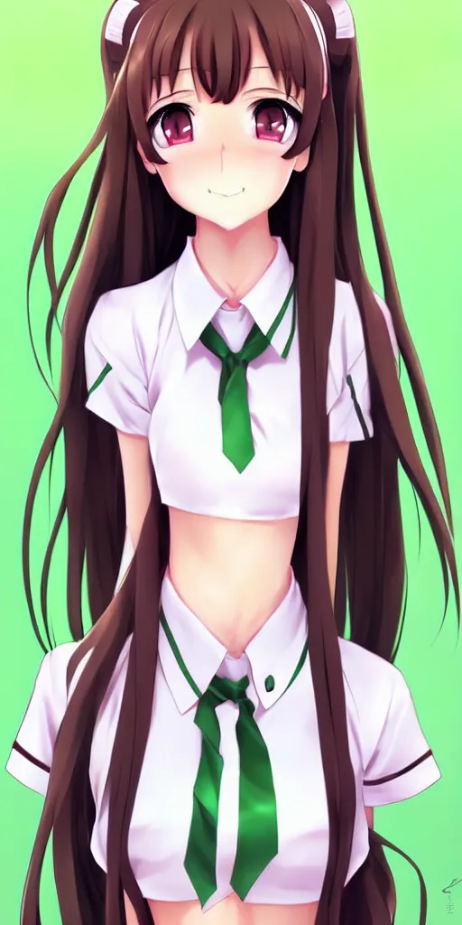 Prompt: beautiful anime high school girl, complete body view, brown hair, ponytail, white ribbon, green eyes, full perfect face, slightly smiling, detailed background, drawn by Artgerm, Sasoura, Satchely, no distorsion