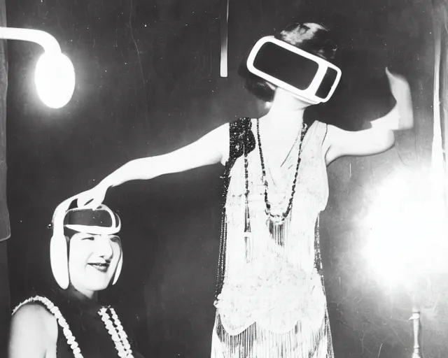 Image similar to 1 9 2 0 s photo of a flapper girl wearing a vr headset on a stage in a speakeasy