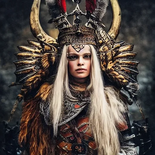 Prompt: portrait of scandinavian valkyrie with strong beautiful face in armour insanely ornamented with north decorations, incredible detailed, mysterious atmosphere with ice and fire on the background, annie leibovitz style, fashion photo for vogue with good light
