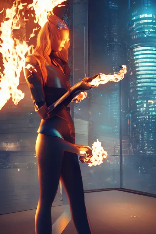 Image similar to gorgeous blonde woman with fire in her hand, cyberpunk, realistic, high definition, many details, art of unreal engine 5