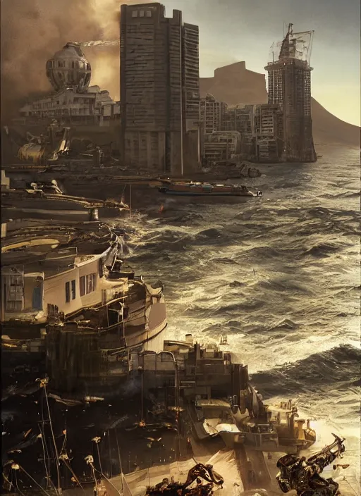 Image similar to hyper realistic robot attacking cape town city harbor beautiful details, strong composition painted by kim jung guweta studio rutkowski, james gurney and greg rutkowski, and lucasfilm