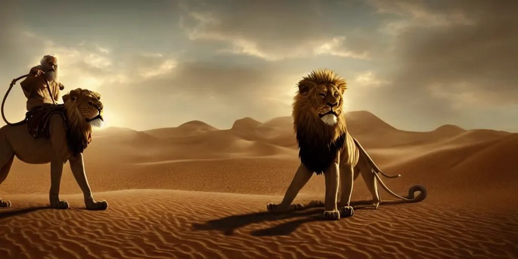 Image similar to a wise old man with a long white beard riding a lion in the desert, the man in holding a snake as though it where handlebars and the lion is holding the snake in its mouth, epic cinematic establishing shot, dramatic lighting