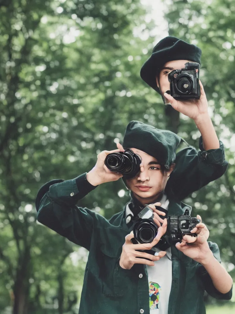 Image similar to slim young man with dark curly hair wearing a black artists beret, a green shirt, black trousers, taking a photo with his 35mm camera in a park highly lomo bright colours vintage