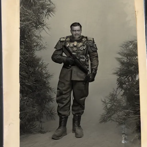 Prompt: world war 2 portrait photo, full body, of a single warhammer 4 0 k space marine taking posing with american troops, rosenthal, baltermants, kerlee, vaccaro