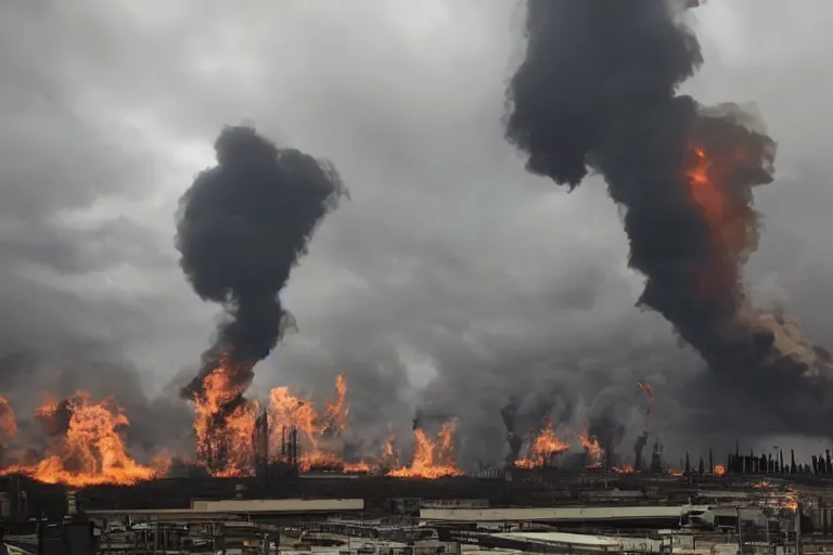 Prompt: a gloomy dystopian industrial complex belching smoke and fire