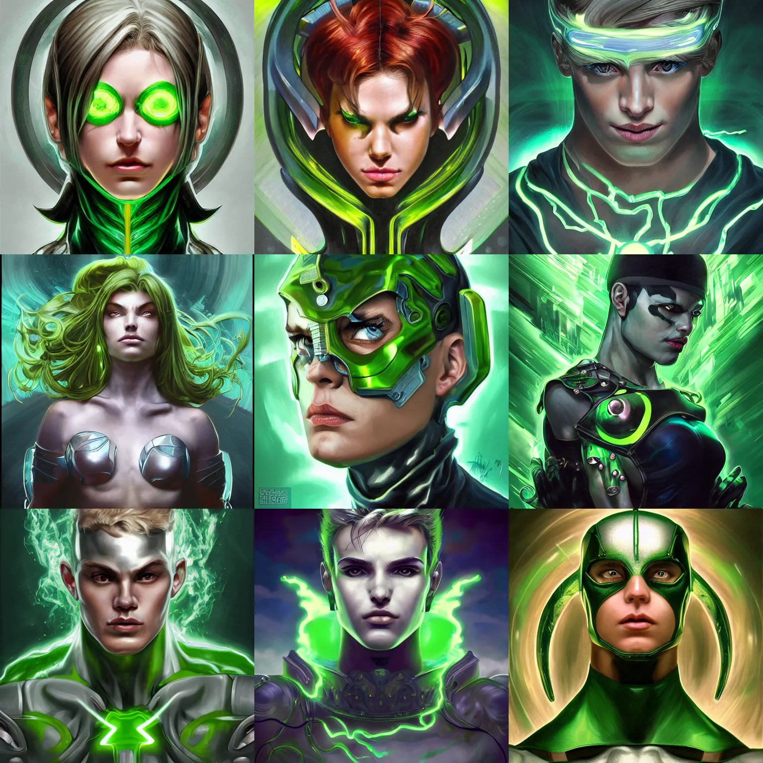 Prompt: character concept, portrait, symmetrical head - on centralized, teen super hero with strong tatoo body and acid super power, toxic clouds, green and silver, detailed, high quality, dynamic lightning, fantasy, scenematic. artwork by artgerm, wlop, alex ross, greg rutknowski, alphonse mucha