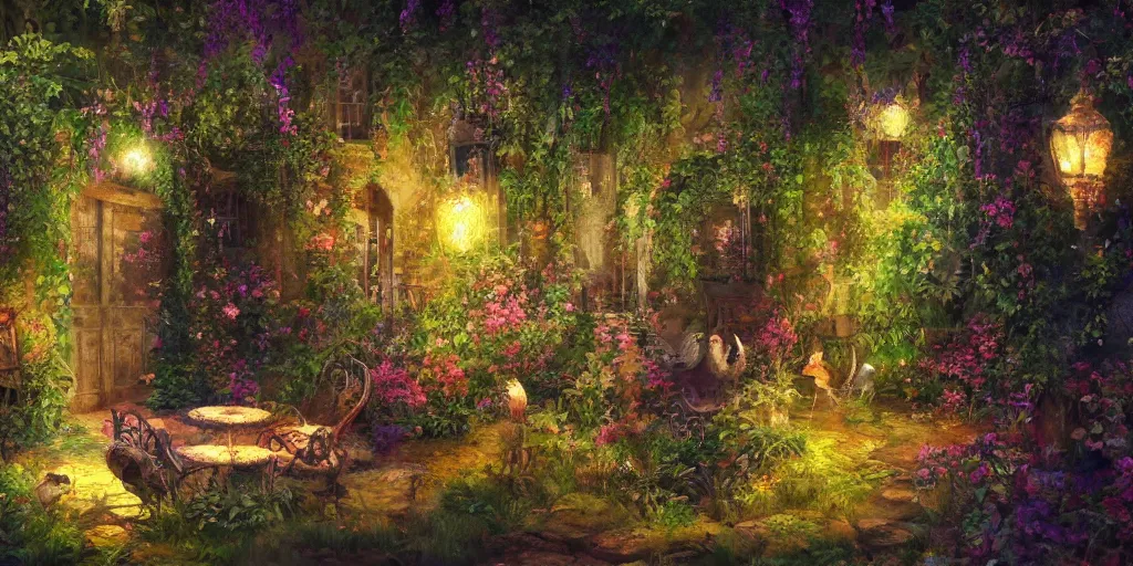 Prompt: secret garden, glass cover, birds and butterflies, fairy tale, evening lights, highly detailed, low angle view, artstation, mysterious, comfort, expressive impressionist style, 8 k