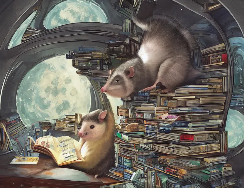 Prompt: student possum reading a book in a cluttered library inside a futuristic spacecraft with views of the universe, starwars, trending on artstation