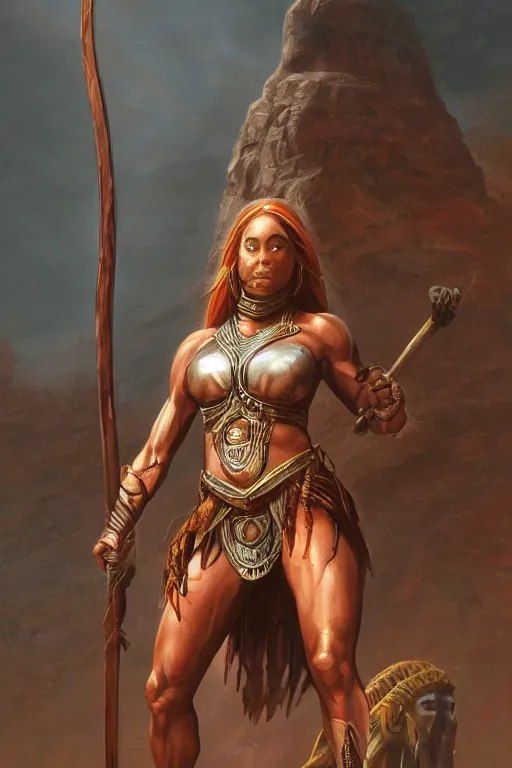 Image similar to ethnic warrior female toned body, wearing tribal armor, holding wodden spear, by thomas cole and wayne barlowe 8 k, high detail, fantasy art, dnd, artstation,