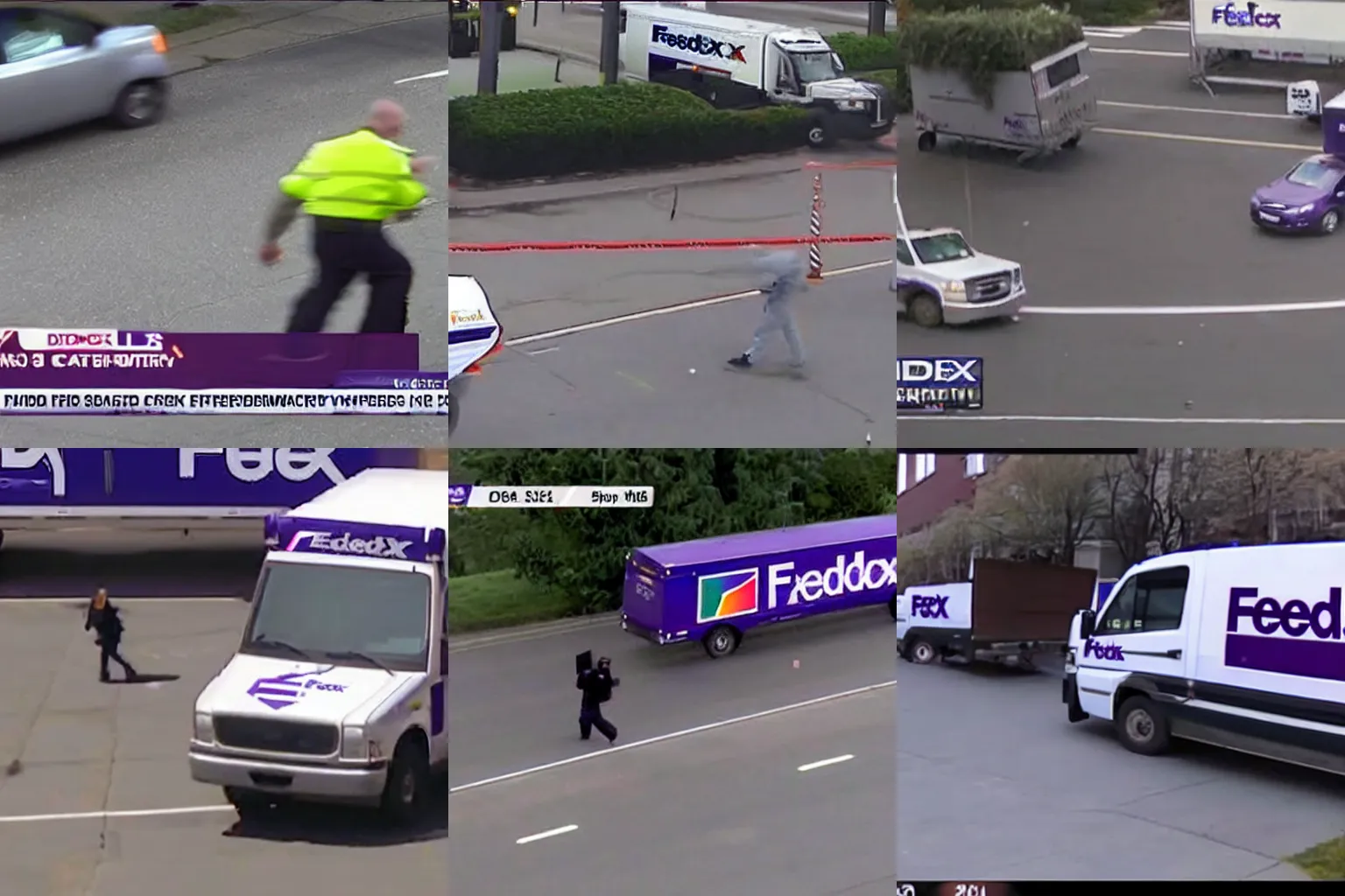 Prompt: fedex driver throwing boxes, security camera footage